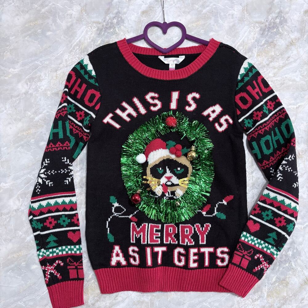 Grumpy Cat Funny 3D Ugly Christmas Women Sweater size XS/S Whimsical Holiday